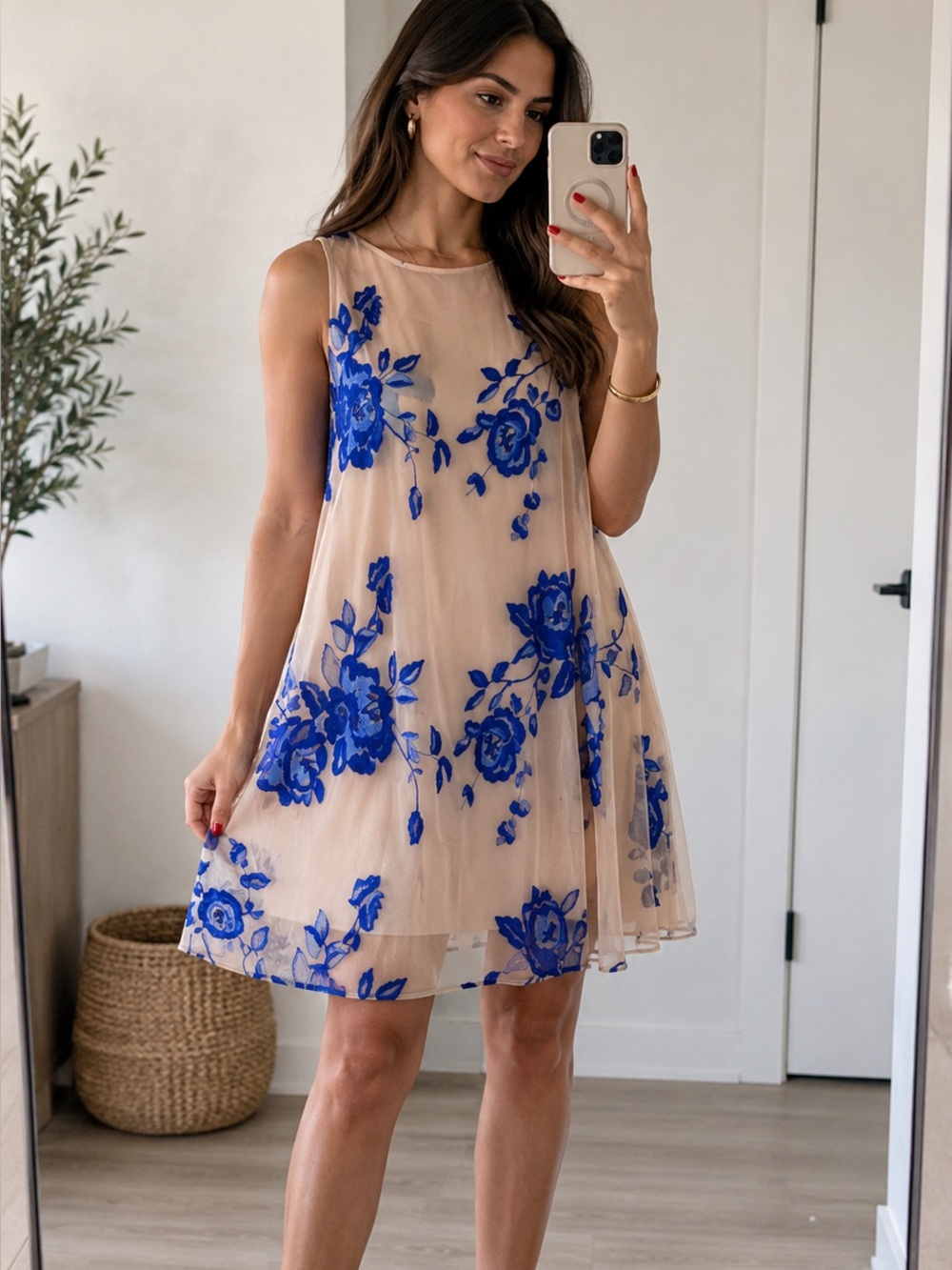 Blue Floral Embroidered Sleeveless Dress | Nude Mesh Overlay